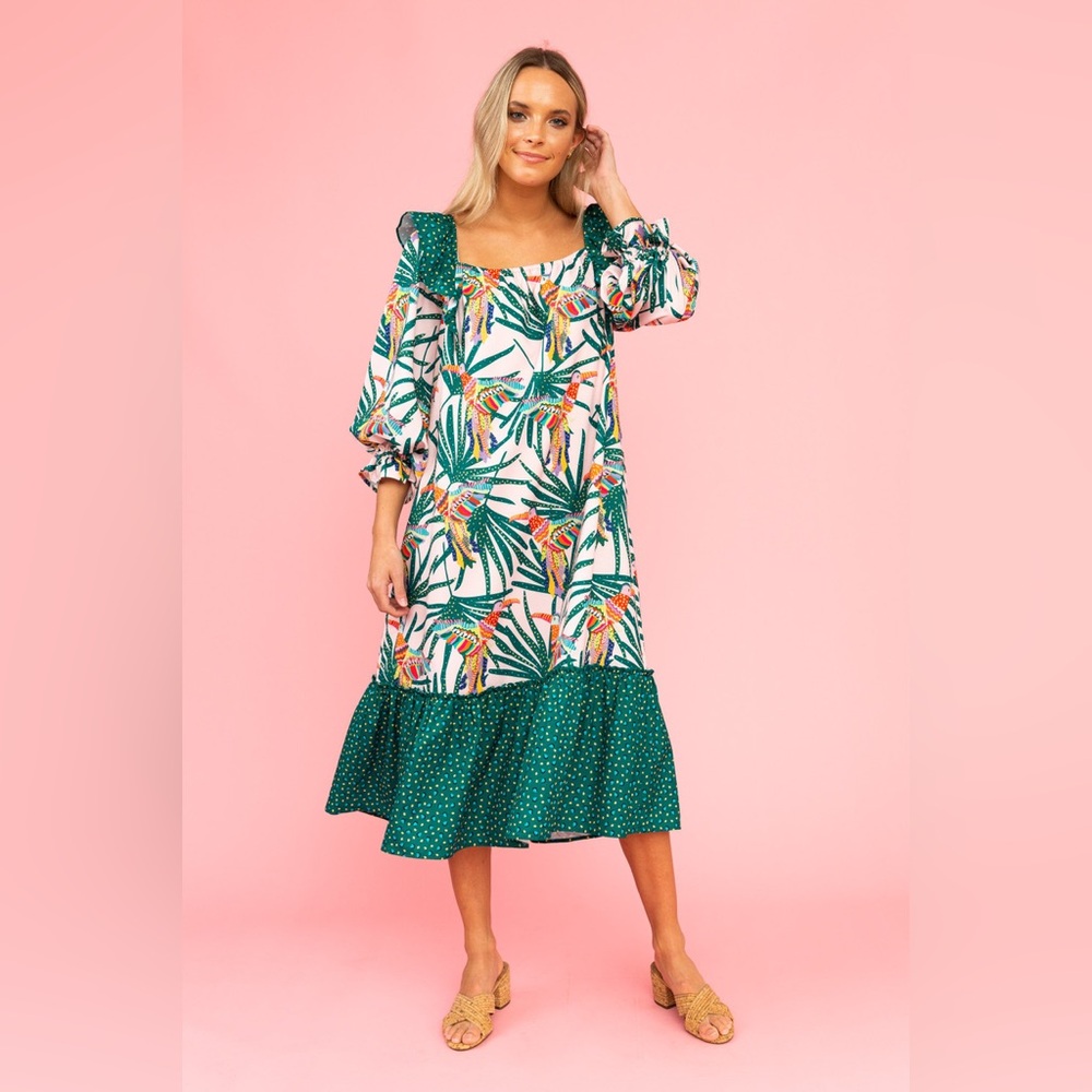 CROSBY by Mollie Burch Tropical Leaf Midi Dress in Green and White